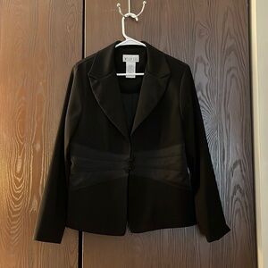 Megan Lee black dressy jacket with satin band at the waist. Size 12